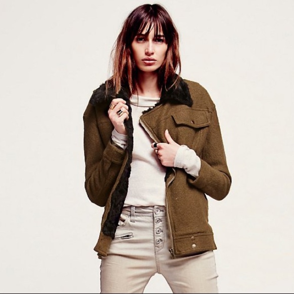 Free People Olive Green & Black Wool Fur Coat
